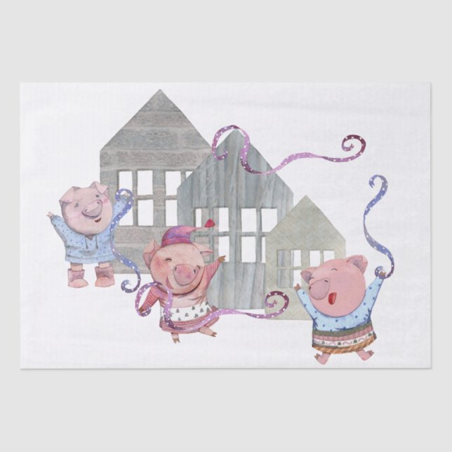 Papier Mousseline Trois petits cochons avec leurs maisons (Recto)