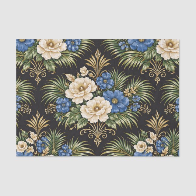 Papier Mousseline Tropical Blue Palm Floral (Recto)