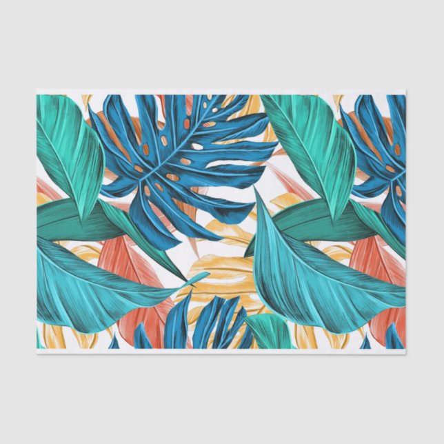 Papier Mousseline Tropical Blue yelllow leaves  (Recto)