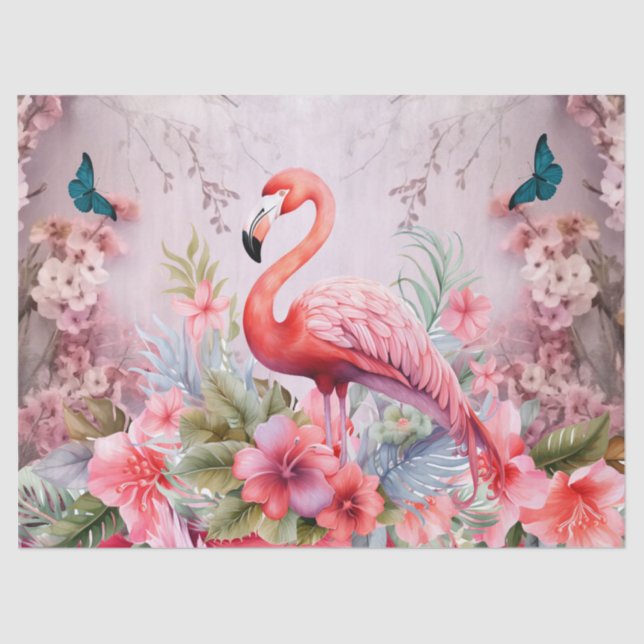 Papier Mousseline Tropical Cherry Blossom & Flamants roses roses Déc (Recto)