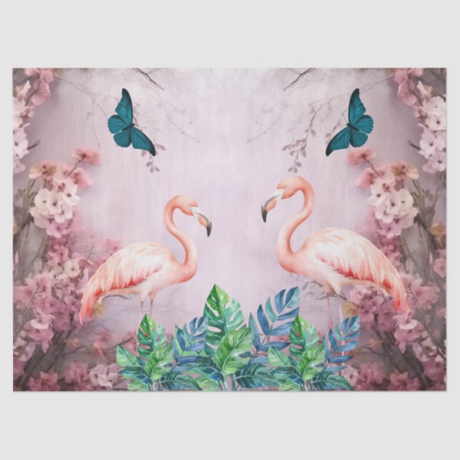 Papier Mousseline Tropical Cherry Blossom & Flamants roses roses Déc (Recto)