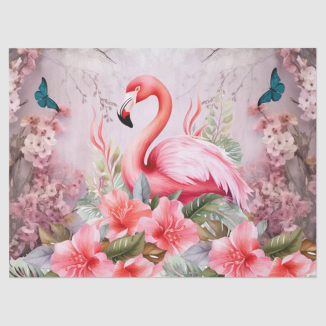 Papier Mousseline Tropical Cherry Blossom & Flamants roses roses Déc (Recto)