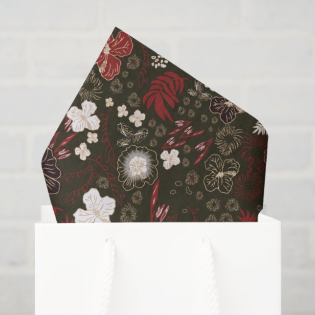 Papier Mousseline Tropical Christmas Red Sage Black Hibiscus Floral (Sac cadeau)