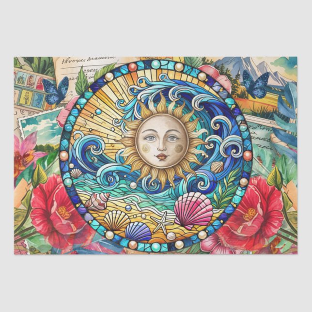 Papier Mousseline Tropical Floral Stained Glass Sun Face Decoupage (Recto)