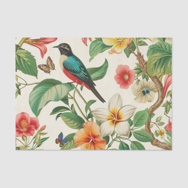Papier Mousseline Tropical Flowers with Beautiful Red & Teal Bird (Recto)