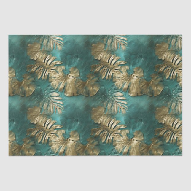 Papier Mousseline Tropical Gold Emerald Feuilles verts (Recto)