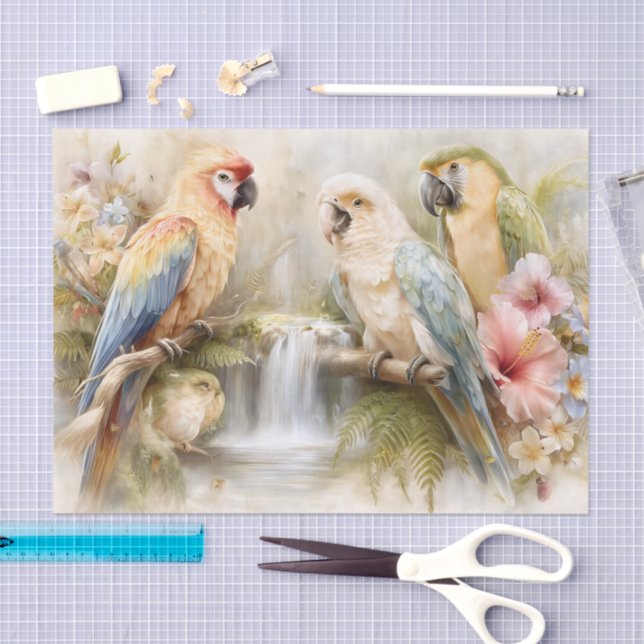 Papier Mousseline Tropical Parrots Waterfall Decoupage (Artisanat)