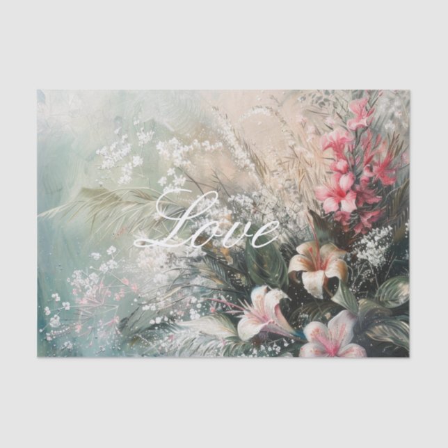 Papier Mousseline Tropical rose blanc Hibiscus floral Amour  (Recto)