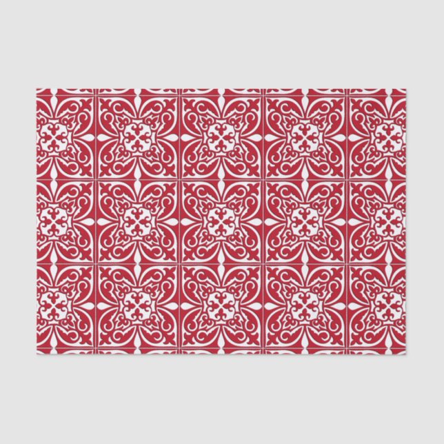 Papier Mousseline Tuiles marocaines - rouge foncé et blanc (Recto)