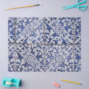 Papier Mousseline Tuiles portugaises - Azulejo Floral bleu et blanc