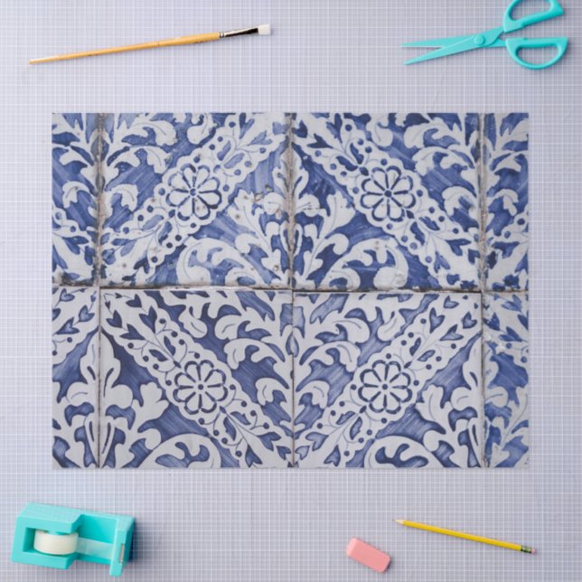 Papier Mousseline Tuiles portugaises - Azulejo Floral bleu et blanc (Artisanat)