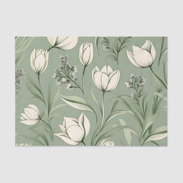 Papier Mousseline Tulipes Avec Feuilles Sur Vert Sage Clair (Recto)