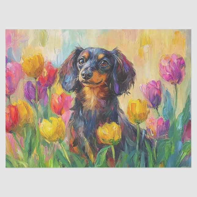 Papier Mousseline Tulipes colorées mignonnes Dachshund Découpage (Recto)