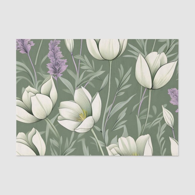 Papier Mousseline Tulipes Et Lavande Sur Vert (Recto)