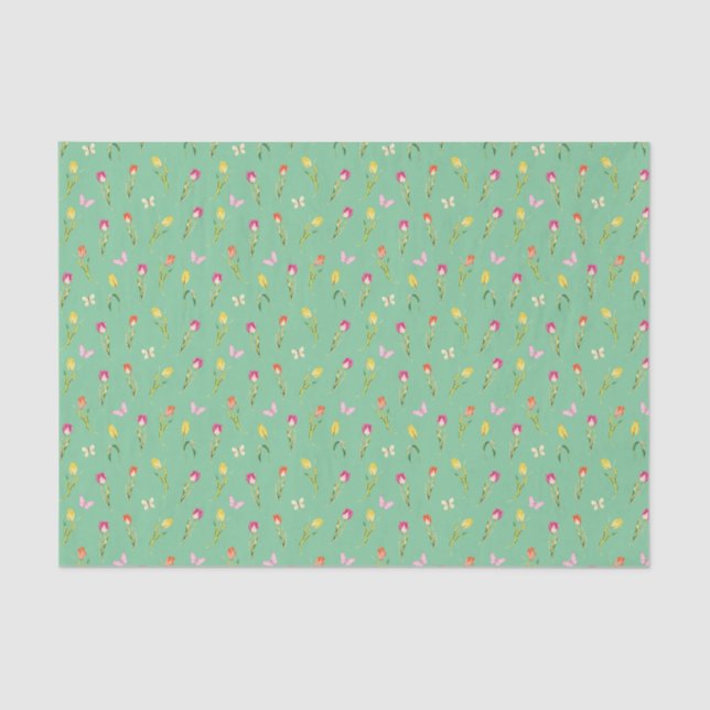 Papier Mousseline Tulipes et papillons Motif vert (Recto)
