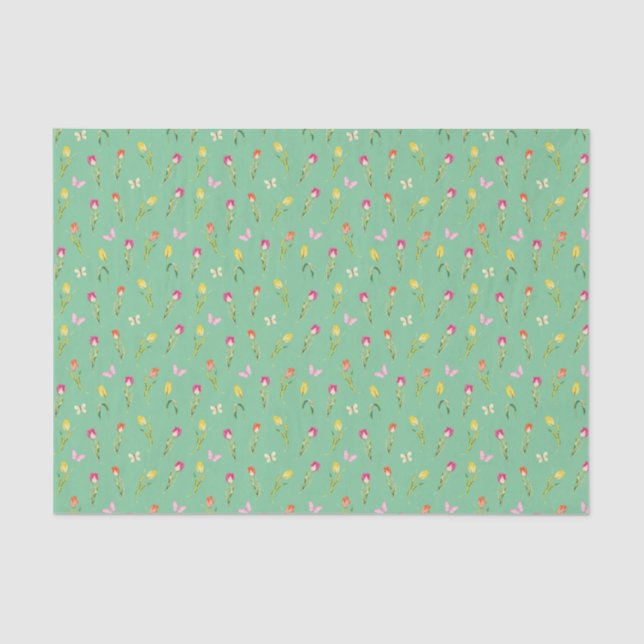 Papier Mousseline Tulipes & Papillons Motif Vert  (Recto)