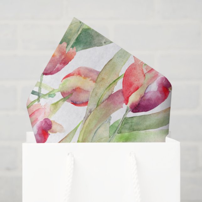 Papier Mousseline Tulipes peintes en aquarelle printanière Florale (Sac cadeau)