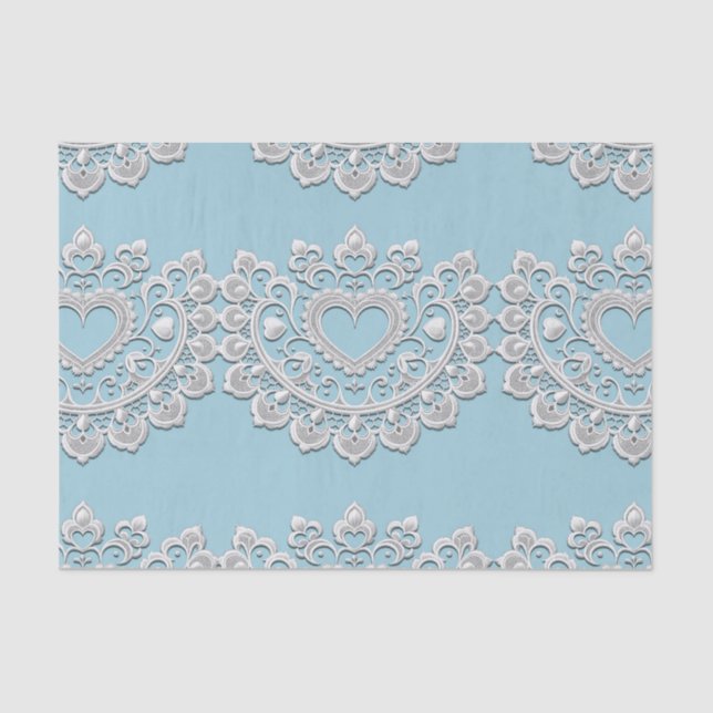 Papier Mousseline Turquoise Bleu Blanc dentelle Coeur Mariage (Recto)