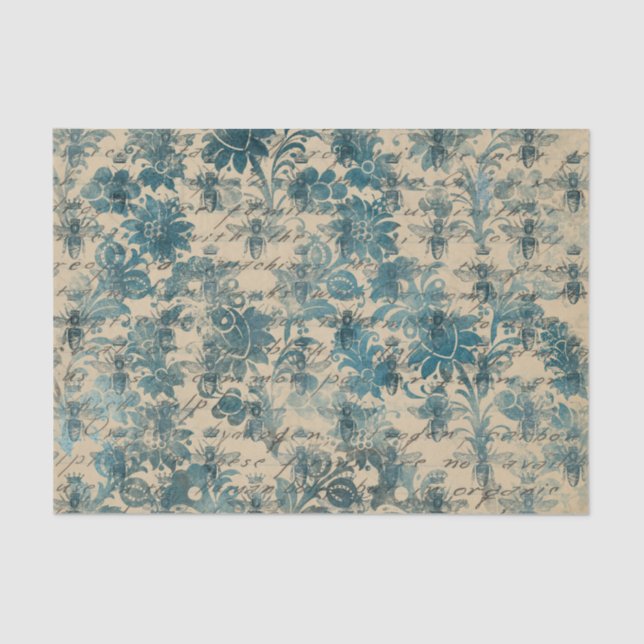 Papier Mousseline Turquoise Damask Bee (Recto)