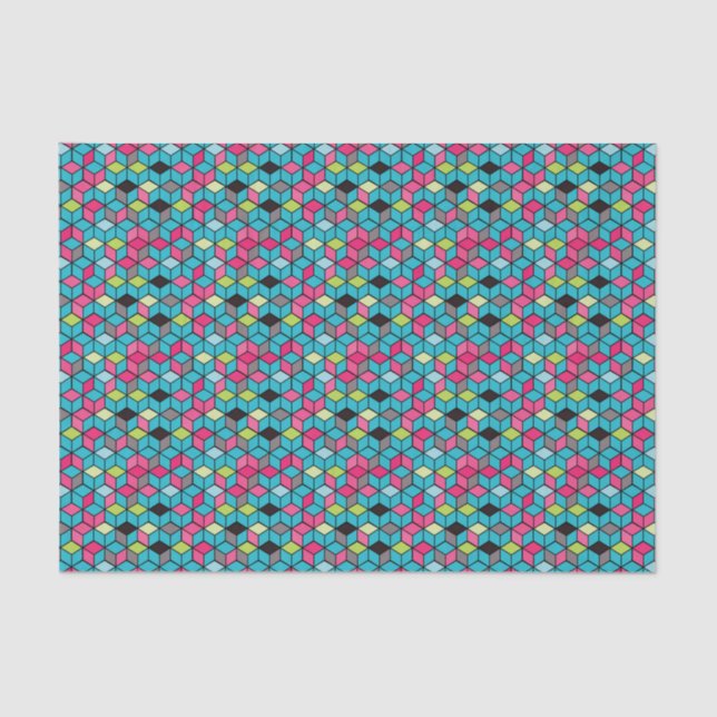 Papier Mousseline Turquoise et motif rose de cube (Recto)