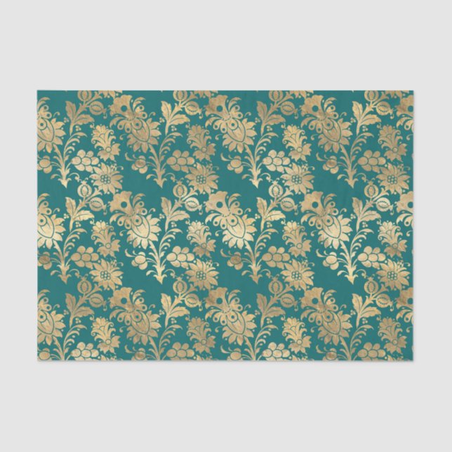Papier Mousseline Turquoise et or Foil Floral Damask (Recto)