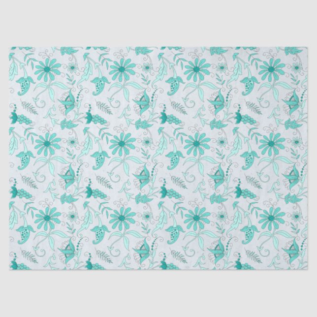 Papier Mousseline Turquoise Floral Series Design 5 Tissu Papier (Recto)