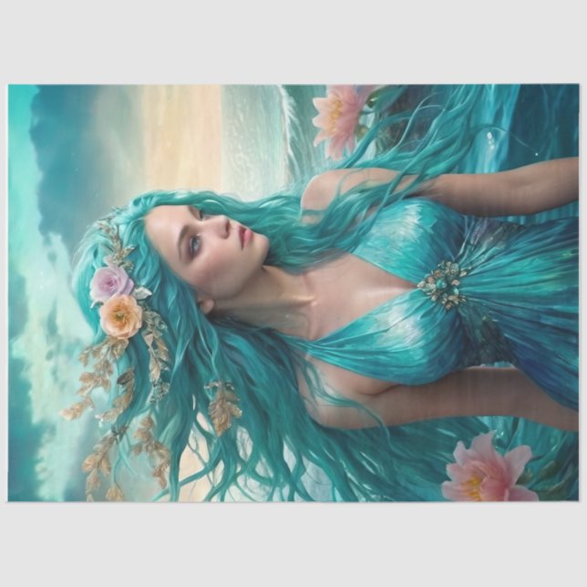 Papier Mousseline Turquoise Mermaid of the Sea decoupage paper v1 (Recto)