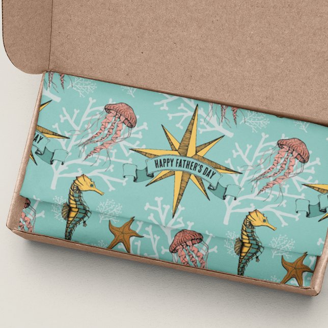 Papier Mousseline Turquoise Nautique Star Custom Text Marine (Nautical Hand-drawn Ocean Life Illustration with Seahorse, jellyfish, Coral & Starfish. Custom Text.)