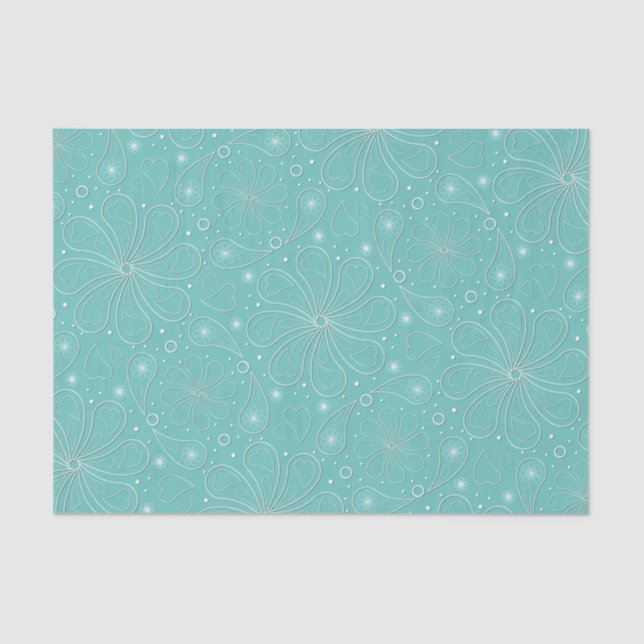Papier Mousseline Turquoise Paisley Floral Hearts Motif (Recto)