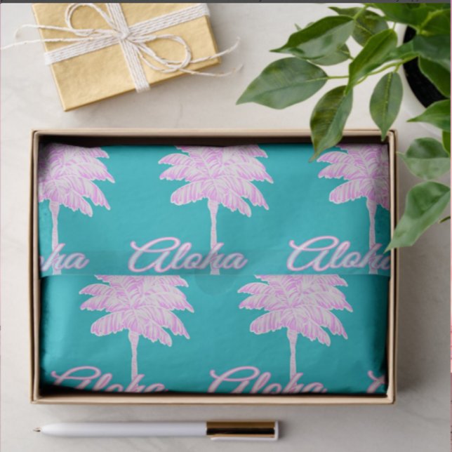 Papier Mousseline Turquoise Rose Blanc Palmier Aloha Tropical  (Tissue paper for gifting or crafting!)