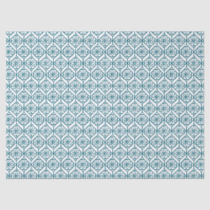Papier Mousseline Turquoise sur Motif ethnique blanc, Fleurs, Chevro