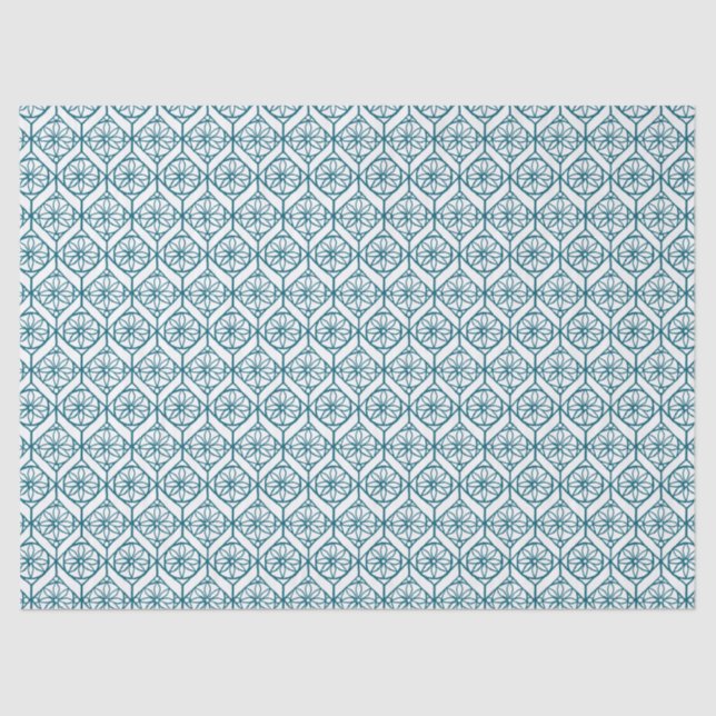 Papier Mousseline Turquoise sur Motif ethnique blanc, Fleurs, Chevro (Recto)