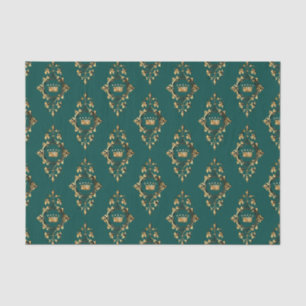 Papier Mousseline Turquoise vintage et or Heraldique Princesse Motif
