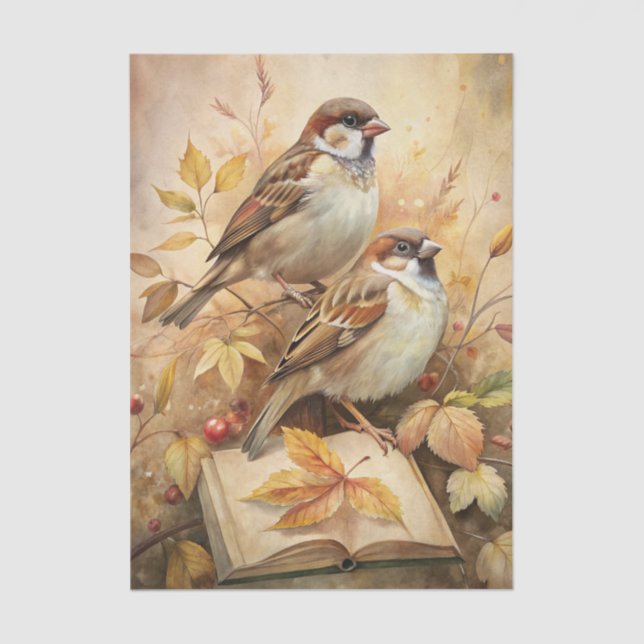 Papier Mousseline Two Beautiful Birds with Open Book & Autumn Leaves (Recto)