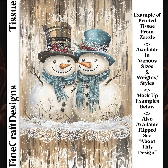 Papier Mousseline Two Cute Country Christmas Snowmen DY9L Decoupage (Créateur téléchargé)