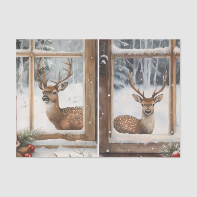 Papier Mousseline Two Pretty Winter Scenes of Deer in Window Panes (Recto)