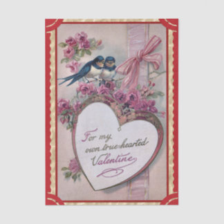 Papier Mousseline Two Valentine Lovebirds with Purple Roses, Ribbon 