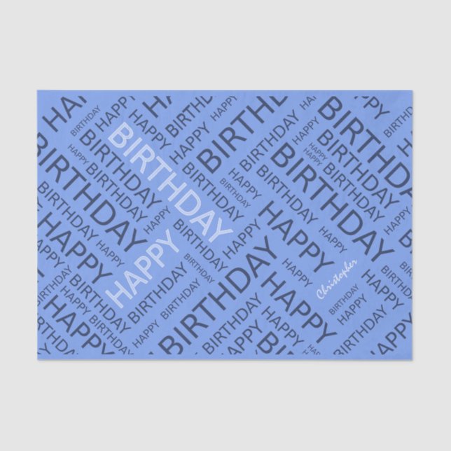 Papier Mousseline Typographie bleue d'anniversaire personnalisée (Recto)