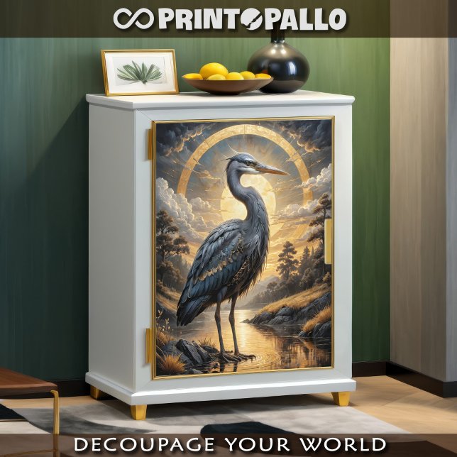 Papier Mousseline Un héron bleu dans un lac d'imaginaire doré (Créateur téléchargé)