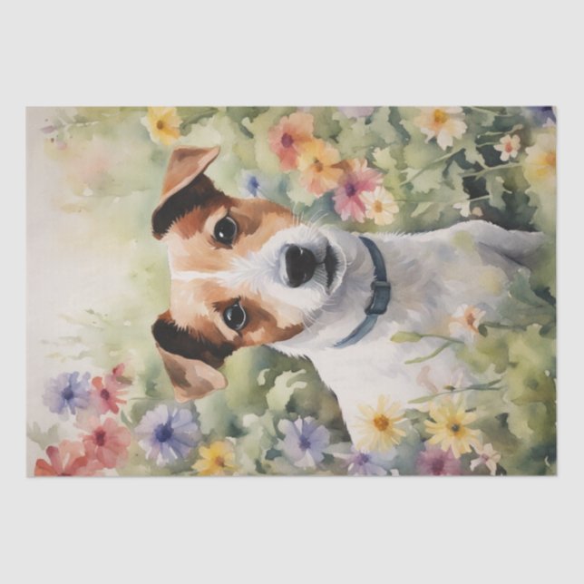 Papier Mousseline : Un Jack Russell dans le découpage des fleurs (Recto)