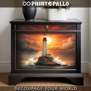Papier Mousseline Un phare au coucher du soleil dans une mer orageus