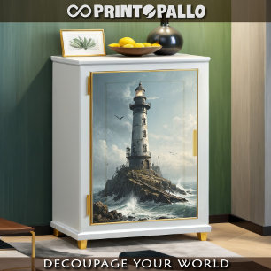 Papier Mousseline Un phare dans une mer orageuse avec une mouette -