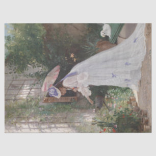 Papier Mousseline Une dame dans un jardin qui soigne ses fleurs avec