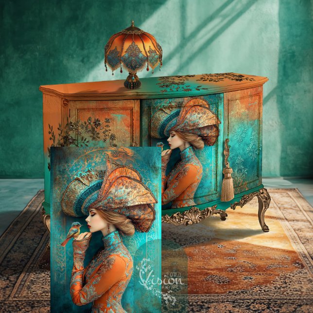 Papier Mousseline Une dame de Whispers intemporelle dans un portrait (Lady in a big hat, with a bird Fashion Fantasy Vibrant Detailed Portrait Art Decoupage Tissue Paper)