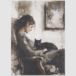 Papier Mousseline Une dame et son chat en découpage