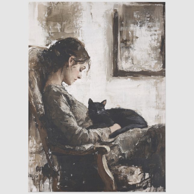 Papier Mousseline Une dame et son chat en découpage (Recto)