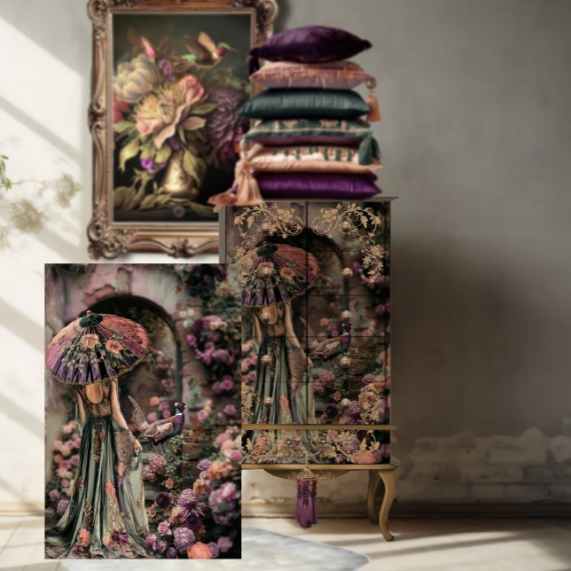 Papier Mousseline Une dame et un faisan, Chinoiserie, Portrait Art (Elegant Lady with a Parasol and a Pheasant, Chinoiserie, Archway, Floral Courtyard, Decoupage)