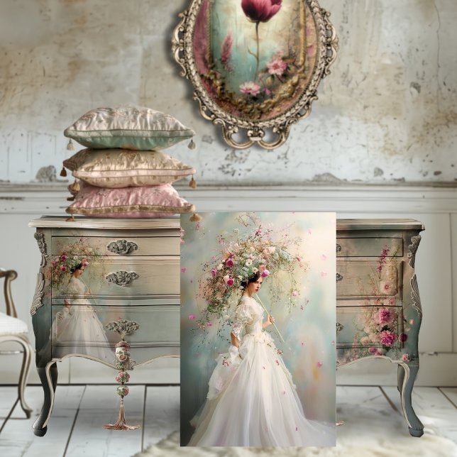 Papier Mousseline Une dame et un parasol, portrait floral Whimsical (One Fine Day, Lady with a parasol, French Victorian, Whimsical Floral, Decoupage Tissue Paper)