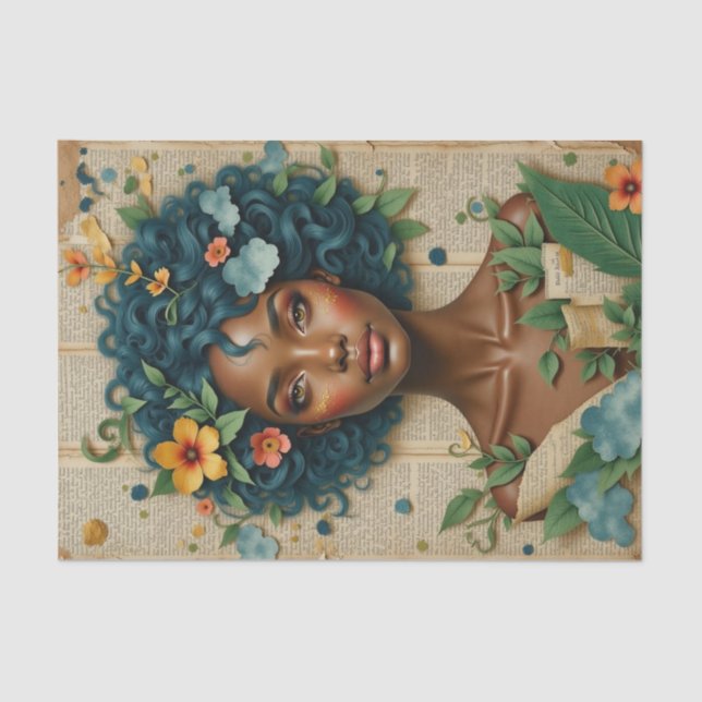 Papier Mousseline Une femme afro-américaine aux fleurs - Découpage (Recto)