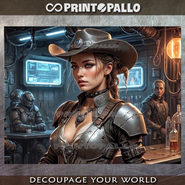 Papier Mousseline Une fille cow-boy de l'espace dans un bar de galax (Créateur téléchargé)